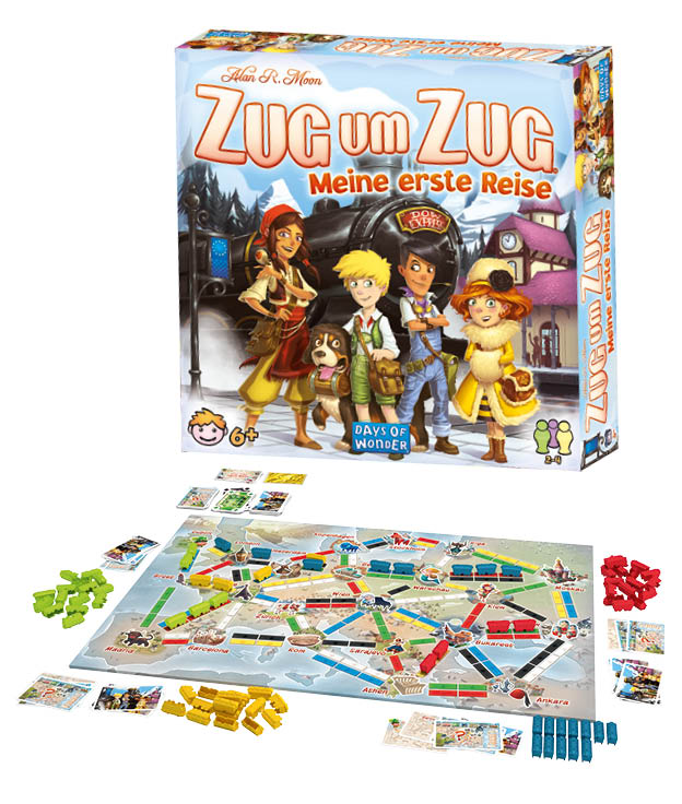 Brettspiel „Zug um Zug – Meine erste Reise“ von Days of Wonder mit farbigen Zügen und europäischem Streckennetz, blau-weiß illustriert.